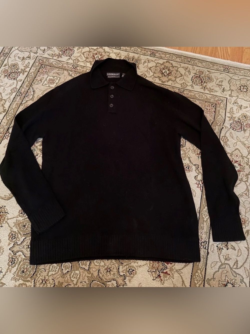 LOCKHART Merino Wool & Cashmere Polo Black Sweater Long Sleeve Cozy Size Large